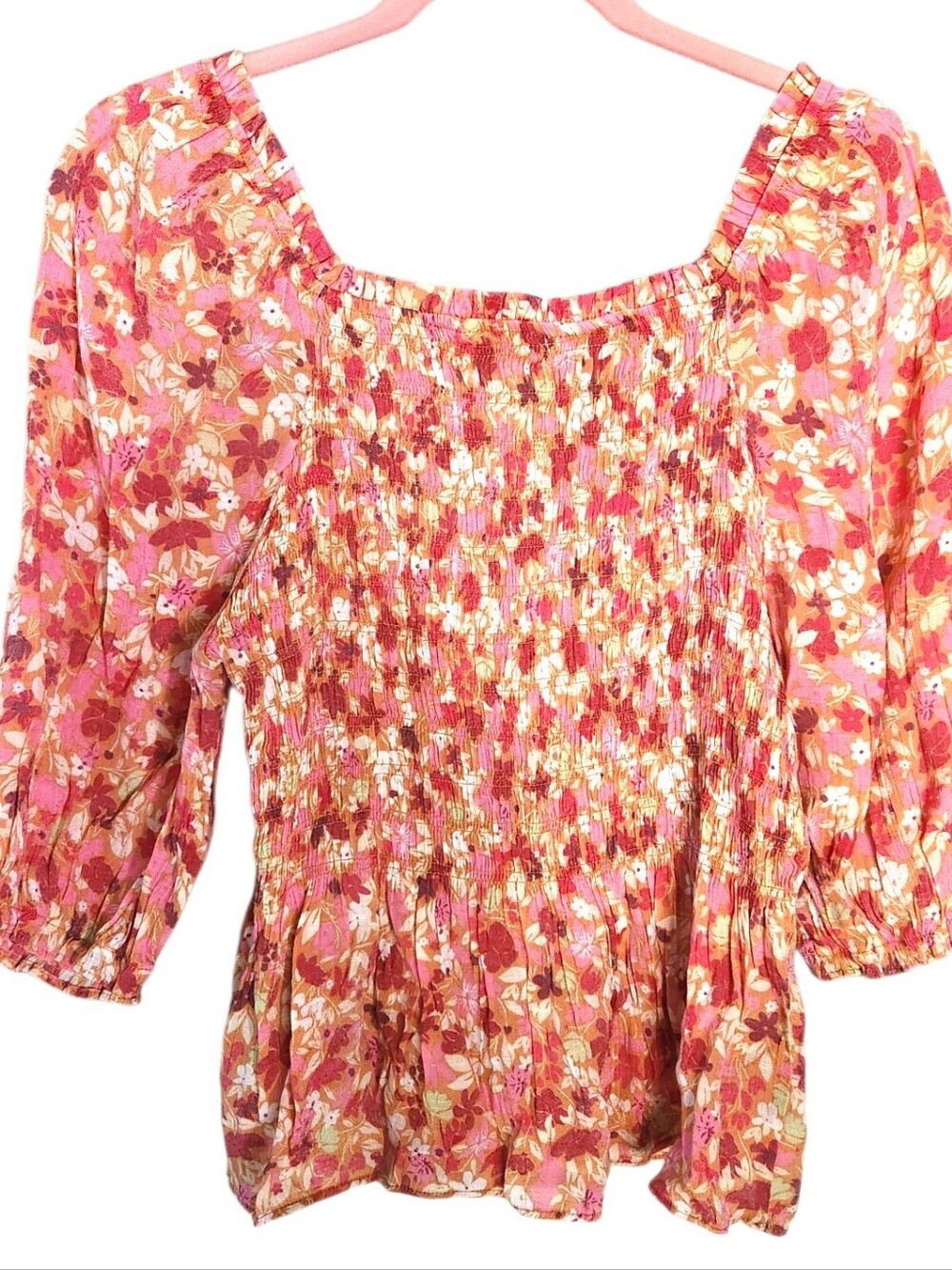 NANETTE LEPORE Pink Floral Smocked Peplum Peasant Top Puffed Elbow Sleeves Sz 8 - Picture 12 of 16
